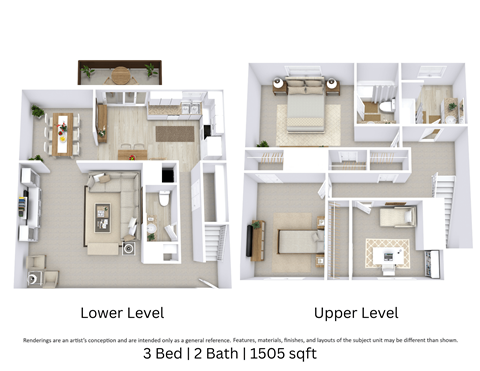 This is a 3D-floor plan providing a detailed, angled view of the space with room layouts, furniture placement, and spatial flow. Features 3 bedroom/s, 2 bathroom/s, and approximately 1550 Sq. Ft